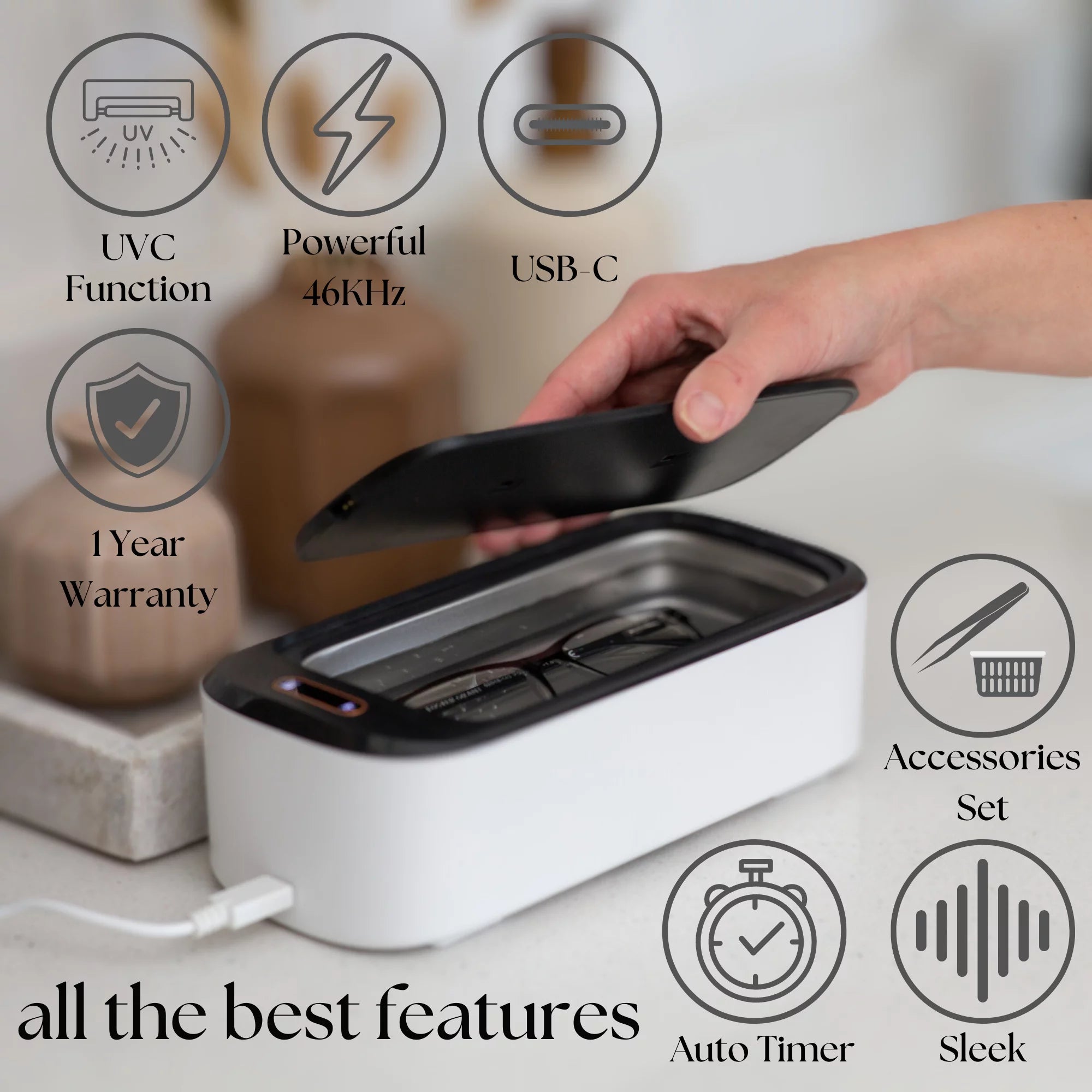 Ultrasonic Jewelry Cleaner & UVC Professional Sterilizer Machine, 550Ml 46Khz Power Portable Ultra Sonic Cleaner for Cleaning Glasses, Watches, Coins, Makeup, Dentures, Earring, Watch, 1 Year Warranty