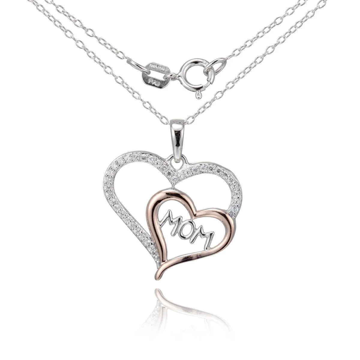 Mom Heart Cubic Zirconia 18" Pendant in Two-Tone Sterling Silver, Adult Female