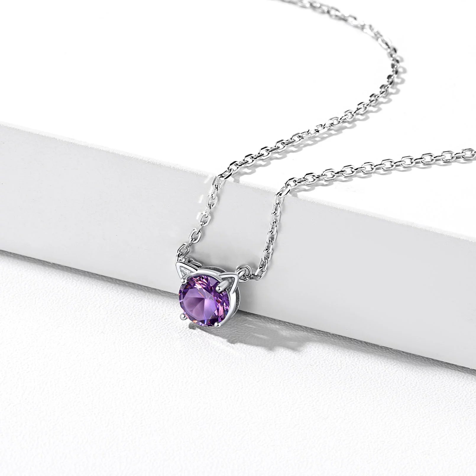 925 Sterling Silver Cat Necklace Girls Cute Cat Jewelry round Amethyst Pendant Necklace February Birthstone for Cat Lovers